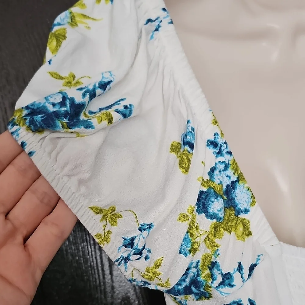 Free People White Floral Button Front Blouse with Blue and Green Print